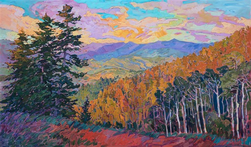 A vista of Park City encompasses the view of ski slopes and aspen trees in the summer afternoon light. The pine-covered hillside turns bright colors of orange and yellow in the late afternoon light. Each brush stroke in this painting is alive with color and motion.




