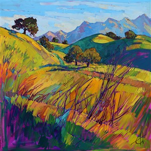 South of San Luis Obispo are continuous rolling hills with wineries tucked away among grassy plains and spots of oak trees. This painting was inspired by a early morning drive through these backroads just after dawn.
