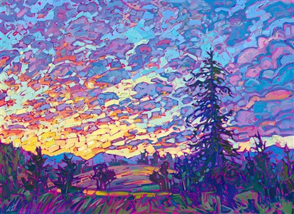 A sunset full of riotous color exclaims across the sky in this northwestern painting. The brush strokes are loose and impressionistic, creating a mosaic of color and texture across the canvas.

"Pine and Sunset" is an original oil painting created on stretched linen canvas, and the piece arrives framed in a hand-made, closed-corner gold floater frame.

