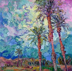 Broad, expressive brush strokes capture the life and movement of California date palms against a dramatic and cloudy sky.  This oil painting glimmers with light and color, bringing the outdoors into your home.

This painting was created on 1-1/2" deep canvas, with the painting continued around the edges. Framing is available upon request.