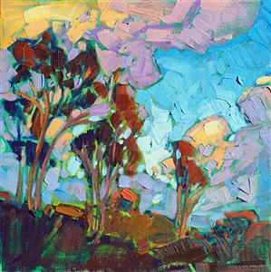 Billowing clouds catch the late afternoon light in this painting of San Diego eucalyptus trees. The loose brush strokes create a mosaic of color and texture across the canvas.