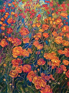 The flower fields north of San Diego are beautifully sown with contrasting fields of ranunculus flowers. The bright, saturated colors range from pink to orange to red to yellow to white. This painting captures a close-up view of the orange blooms against a verdant, emerald background.

This painting was created on 1-1/2" canvas and arrives framed in a custom-made, gold floating frame.