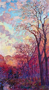 Visiting Zion in January is like exploring a fairyland of color.  The white snow against the dark red earth is a beautiful sight, and cottonwood trees, bare of leaves, create criss-crossing shapes across the bright winter sky.  This oil painting was created with loose, impressionistic brush strokes that create a mosaic of color and texture on the canvas.

This painting is hanging in the <i><a href="https://www.erinhanson.com/Event/ErinHansonZionMuseum" target="_blank">Impressions of Zion</a></i> exhibition, and this piece is available for viewing at the Zion Art Museum, in Springdale, UT. The exhibition dates are June 9th - August 27th, 2017.  All sold paintings will be shipped after the exhibition closes at the end of August.