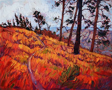 After sleeping all night under a windy hailstorm, we awoke before dawn to hike the final upper plateaus of Zion. The bronze-tipped autumn grass was wet with saturated color and the air was heavy with blue fog. This painting captures the mile after mile of high winding trail, peeking over the edge into the Zion canyon.