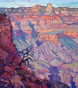 Soft, late morning light illuminates the other side of the Grand Canyon, seen from the South Kaibab trail. The impasto brush strokes in this oil painting are loose and impressionistic, alive with color and motion. 