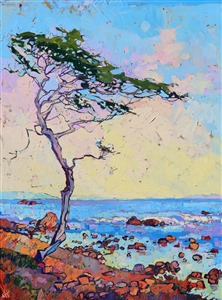 A graceful cypress tree stands tall above the red and purple ocean rocks of Monterey.  The brush strokes are loose and impressionistic, creating a vivid mosaic of color and texture, bringing the abstract into the realm of landscape painting.

This original oil painting was created over an application of 24 karat gold leaf. The genuine gold glints through the layers of oil paint, catching the light in a subtle and surprising manner, and bringing the oil painting to life like never before.

The painting was created on 3/4" canvas and comes framed in a gilded, 6"-deep, museum-quality frame. Additional photos are available upon request.