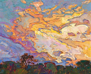 I can't pass up the opportunity to paint a dramatic skyscape when I have the chance!  This painting was inspired by my explorations this spring through Texas Hill Country.  The buttery yellow color of the sky was too tempting not to paint.  I like to use loose, impressionsitic brush strokes to convey the sense of time passing yet somehow magically held still for a moment in an oil painting.

This painting was done on 1-1/2" canvas, with the painting continuing around the edges.  The painting will be framed in a 23kt gold leaf floater frame to complement the colors in the piece.  It arrives wired and ready to hang.