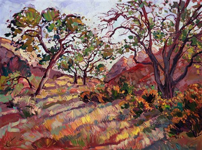 Dusky green and auburn colors dominate in this painting of Zion National Park. The rich yellow flowers look copper bright in the late afternoon sun. This painting is loose and impressionistic, full of life and movement.
