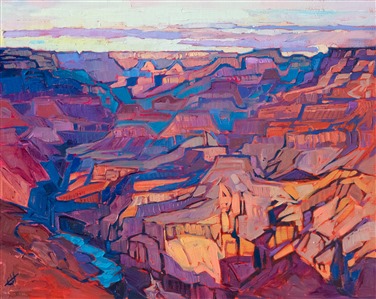 The view from Lipan Point, east of Grand Canyon Village, lets you see all the way down to the canyon floor, where you can watch the Colorado River make its slow passage. This painting captures the color of Grand Canyon at dawn.

"Canyon Edge" was created on fine linen board, and the painting arrives framed in a hand-carved and gilded plein air frame.