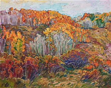 A grove of aspen trees spreads along the hillside in this painting of Cedar Breaks National Park. The grove changes color in waves, moving from green to yellow to orange, and the bare, leafless trees stand starkly pale against the colorful background.

The brush strokes in this oil painting are loose and expressionistic, capturing the feeling of being outdoors in the late autumn. The painting was created on 1-1/2" canvas, with the painting continued around the edges of the canvas.  It has been framed in a custom-made gold floater frame and arrives ready to hang.

This painting was exhibited in <i><a href="https://www.erinhanson.com/Event/ErinHansonAmericanVistas/" target="_blank">Erin Hanson: American Vistas</i></a> at the Nancy Cawdrey Studios and Gallery in Whitefish, Montana, 2019.