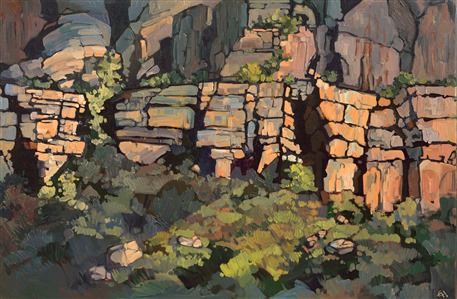 "Willow Spring" was one of the first paintings Erin Hanson ever painted in the style of Open Impressionism, painted while she was developing her style and rock climbing at Red Rock Canyon, Nevada. Her style of painting in distinct brushstrokes separated in mosaic-like shapes was developed in her attempt to capture the planes and dark cracks in the rock faces she loved to climb.

Erin's iconic style "Open Impressionism" is now taught in art schools worldwide, and her pieces hang in the permanent collections of many museums in the United States. This rare painting was made available for us to sell on consignment. 

This painting captures Red Rock Canyon with an abstracted style. "Willow Spring" is a traditional ("trad") climbing destination in Red Rock.  The work was done on 3/4" stretched canvas, and the piece arrives framed in a new 3.5"-wide black and gold plein air frame.