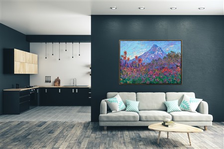 Oregon's Fruit Loop is a popular loop road at the base of Mt. Hood. The lavender farms, vineyards, and fruit orchards provide beautiful color year-round. This painting captures a summer view of the Fruit Loop, painted in vibrant color and thick, expressive strokes of oil paint.

"Fruit Loop" is an original oil painting on stretched canvas. The piece arrives framed in a 23kt gold floater frame, ready to hang.