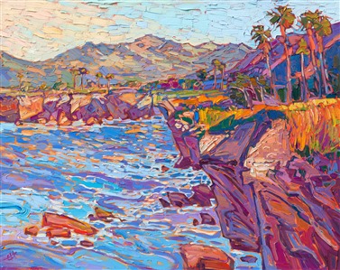 The coastline near Santa Barbara is lined with palm trees silhouetted against the nearby coastal mountain range. The colorful cliffs fall steeply into the swirling waters below. The scene is captured with loose, impressionistic brush strokes.

"Coastal Vista II" was created on 1-1/2" deep canvas, and the painting arrives framed in a contemporary gold floater frame, ready to hang.

Exhibited at the Santa Paula Art Museum for Erin's <a href="https://www.erinhansonprints.com/Event/CaliforniaImpressionismatSantaPaulaMuseum" target="_blank"><i>Colors of California</a></i> solo exhibition, 2021.