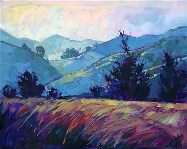 Glints of yellow light and purple shadows dance together in this delicate yet moving painting of Paso Robles. California impressionism has a fresh new color palette.