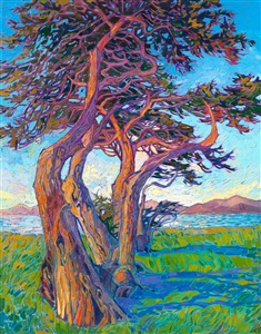A grove of wind-carved cypress trees stands on the tip of the Monterey Peninsula, near Lover's Point. The dawn light casts rich, warm hues of golden orange across the coastal landscape. Each impressionist brush stroke is thick and impasto, alive with color and energy.

"Dancing Cypress" was created on 1-1/2" deep stretched linen. The painting arrives framed in a contemporary gold floater frame finished in burnished 23kt gold leaf.