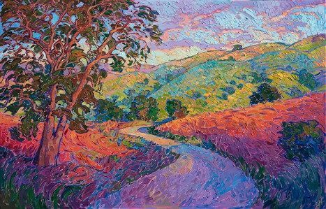 A winding road is illuminated with the warm rays of early dawn, bringing you into the landscape of central California's wine country. The brush strokes in this painting are loose and impressionistic, alive with color and life.