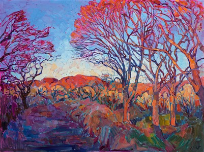 The last radiant rays of sunlight hit these wintery cottonwoods in St. George, Utah, each branch vibrant with striking color.  The distant red rock cliffs add a bolt of orange to the painting, a beautiful contrast against the January sky.  This contemporary impressionist piece employs thickly applied brush strokes to capture the motion of the wide outdoors.

This painting has been framed in a custom 22kt gold leaf, hand-carved floater frame. Read more about the <a href="https://www.erinhanson.com/Blog?p=AboutErinHanson" target="_blank">painting's details here.</a>

Exhibited <a href="https://www.erinhanson.com/Event/ErinHansonTheOrangeShow"><i>The Orange Show</i></a>, The Erin Hanson Gallery, Los Angeles, CA. 2016.