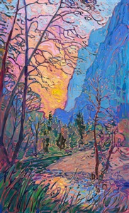 This painting of Yosemite valley captures the colors of sunset against the striking blue of the mountain cliffs. The brush strokes are laid side by side, without layering, in Hanson's unique Open Impressionism style. The vivid colors are created from a limited palette of only five colors. 