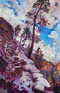 On day five of a recent backpacking trip through Zion National Park, it snowed almost all day, the clouds occasionally parting to expose brilliant blue skies overhead.  The last leg of the journey from Kolob Canyon to the East Gate involved steep, winding switchbacks that cut narrowly along the steep cliffs.  The rocks were beautifully cut into stair shapes when the going got too steep.  This painting captures that adventure and grandeur of the moment.

This painting was created on a gallery-depth canvas with the painting continued around the edges. The painting will arrive in a beautiful hardwood floater frame, ready to hang.

Exhibited: St George Art Museum, Utah, in a solo exhibition celebrating the National Park's centennial: <i><a href="https://www.erinhanson.com/Event/ErinHansonMuseumShow2016" target="_blank">Erin Hanson's Painted Parks</a></i>, 2016.