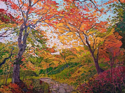 A delicate filigree of color bursts over the canvas in the painting of Japanese maple trees. Each tiny, star-pointed leaf seems to hang suspended in the air, forming a mosaic pattern of color across the landscape.

This painting was created on 1-1/2" canvas, with the painting continued around the edges. The piece will be framed in a curved gold floater frame.
