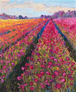 You do not need to travel all the way to Europe to discover wide sweeping fields of brightly colored flowers. Right here in San Diego, we have the Carlsbad Flower Fields, a gorgeous display of ranunculus flowers arranged in contrasting bands of color. This painting captures the flower fields in the bright afternoon sun of early spring.