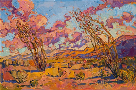 The long stalks of the ocotillo cactus stretch tall into a desert sky full of sunset color.  The rolling clouds tumble in the wind, changing hues as the sun dips lower towards the horizon.  To capture the movement and vivacity of this scene, as I perceived it in person, I used long, loose brush strokes and bold color that awakens the senses.

This painting has been framed in a hand-carved, one-of-a-kind frame that has been hand-gilded in genuine gold leaf. This frame is a beautiful blend of classic American impressionist frames and contemporary "floater frames," just as my style is a unique blend of the classic and contemporary. Read more about the <a href="https://www.erinhanson.com/Blog?p=AboutErinHanson" target="_blank">painting's details here.</a>
