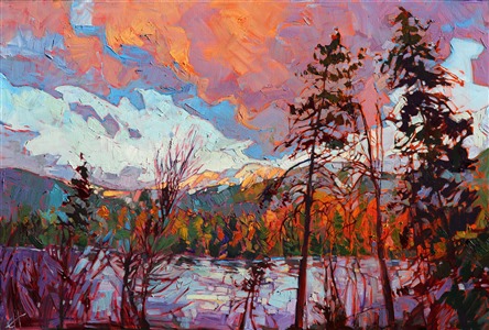 The last light casts an electric sherbet light across the landscape. This beautiful Montana painting captures the drama and excitement of the wide outdoors. The brush strokes in this painting are loose and impressionistic, full of texture and energy.