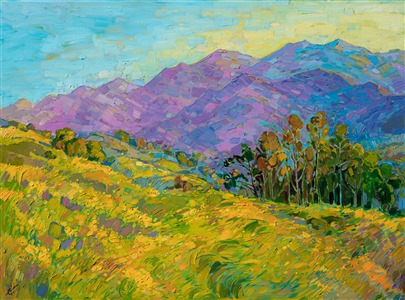 Rolling layers of yellow mustard flowers create a bed of color in this painting of southern California. The San Gabriel mountains appear royal purple in the atmosphere.  The brush strokes in this painting are loose and impressionistic, and the painting is the epitome of California color.  

This work was done on 1-1/2" canvas, with the painting continued around the edges.  It has been framed in a carved gold floating frame, and it will arrive ready to hang.

