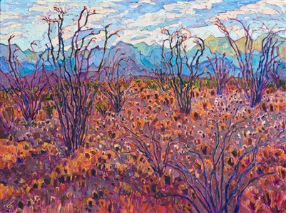 Big Bend National Park contains a true plethora of ocotillo cacti.  I have never seen so many ocotillo growing all together!  This painting captures the unique beauty of this desert plant against a backdrop of blue and purple saw-toothed peaks.

This painting will be on display at the Museum of the Big Bend, during the solo exhibition <i><a href="https://www.erinhanson.com/Event/MuseumoftheBigBend" target="_blank">Erin Hanson: Impressions of Big Bend Country.</a></i> This painting will be ready to ship after January 10th, 2019. <a href="https://www.erinhanson.com/Portfolio?col=Big_Bend_Museum_Show_2018">Click here</a> to view the collection.

This painting has been framed in a custom-made gold frame. The painting arrives ready to hang.