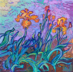 A collection of yellow irises pops with vibrant, impressionistic color, in this petite oil painting by Erin Hanson. This painting is a beautiful example of Hanson's iconic open impressionism style applied to a small canvas.

"Yellow Iris" is an original oil painting on linen board. This piece arrives framed in a custom-made plein air frame (mock floater style, so the edges are uncovered).

This painting will be displayed at Erin Hanson's annual <a href="https://www.erinhanson.com/Event/ErinHansonSmallWorks2022" target=_"blank"><i>Petite Show</a></i> on November 19th, 2022, at The Erin Hanson Gallery in McMinnville, OR.