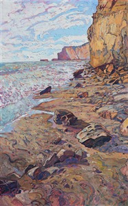 Black's Beach, below Torrey Pines in San Diego, is captured in vivid colors of copper and tawny orange. The piece is alive with movement and texture, an impressionistic medley of color and abstract forms.

This painting was done on 1-1/2" canvas, with the painting continued around the edges of the canvas, and it has been framed in a custom gold-leaf floater frame. The painting arrives ready to hang.