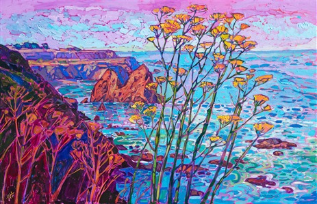 Mustard plants grow in abundance along Highway 1, their canary-yellow blooms bright against the backdrop of coastal blues. Scintillating color of purple, green, and turquoise swirl together in the waters below. The brush strokes in this painting are loose and impressionistic, the thick oil paint standing out from the surface of the canvas, giving additional depth to the painting.

"California Hues" was created on 1-1/2" canvas, with the painting continued around the edges of the canvas. The piece arrives framed in a contemporary gold floater frame.