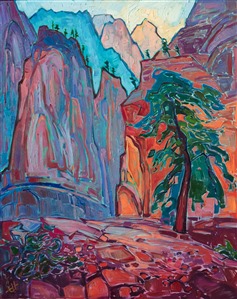 About the Painting:
The view of Zion canyon from Angel's Landing is spectacular. The vertical cliffs stretch dizzingly downward, inspiring vertigo close to the edge. This painting captures the dramatic scene with long, thickly applied brush strokes.

"Zion Crest" was created on 1-1/2" canvas, with the painting continued around the edges. The piece arrives framed in a contemporary gold floater frame.