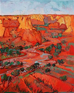 Canyon de Chelly has amazing sunrises, the cadmium sun rays slowly rising over the edge of the canyon, casting long shadows across the lush green canyon floor. The brush strokes in this painting are alive with texture and motion, vibrant with colors that stir the senses.