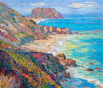Soft morning hues capture the curving coastline of California's Highway 1. Thick, impasto brush strokes communicate the vibrancy and motion of the scene. 

"Coastal Hues" was created on 1-1/2" canvas, with the painting continued around the edges. The piece arrives framed in a contemporary gold floater frame.