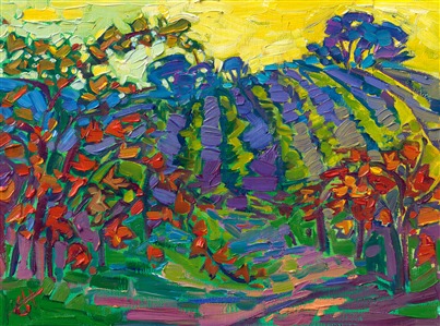 Paso Robles is captured here in all the vivid hues of autumn. Curving grape vines reach into the warm afternoon sky, glowing with purple and red-orange.

"Paso Autumn" was created on linen board, and the oil painting arrives framed in a contemporary gold floater frame.