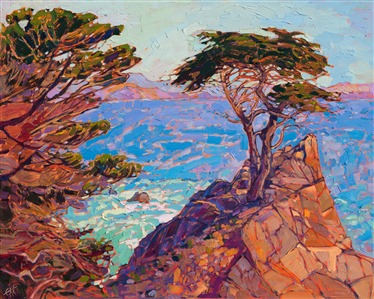 The Monterey peninsula has beautiful rocky outcroppings and wind-carved cypress trees that are a joy to paint.  This painting captures the iconic Lone Cypress on the 17-mile drive.  The brushstrokes are loose and impressionistic, creating a mosaic of color and texture across the canvas.

The painting has been done on 1-1/2"-deep canvas, with the painting continued around the edges for a finished look.  The painting arrives wired and ready to hang. 