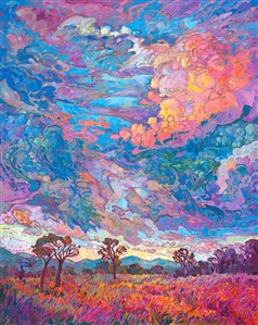 A dramatic sky breathes color and movement above the wildflower-strewn landscape of Texas hill country. The impressionistic brush strokes are thickly applied and add texture and dimension to the painting.

"Texan Sky III" was created on 1-1/2" canvas, with the painting continued around the edges. The piece has been framed in a hard-carved Open Impressionist frame.