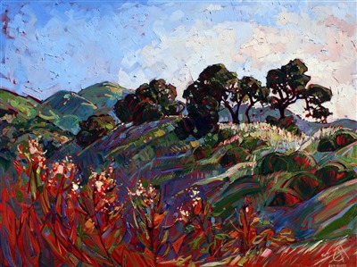 Oak tree-crested hills of central California, painted in a loose impressionist style.