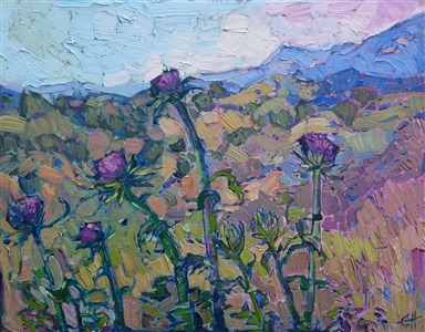 A classic scene of purple thistles against rolling hills, this painting captures all the beauty of California wine country. The brush strokes in this painting are loose and impressionistic, full of texture and subtle color changes.

This painting was done on 3/4" stretched canvas, and it has been framed in a classic plein-air frame.  It will arrive wired and ready to hang.