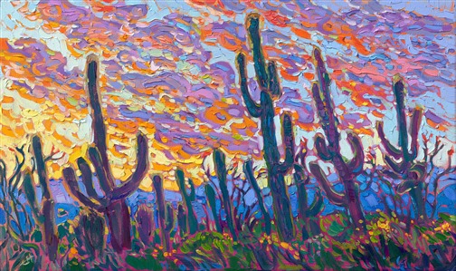 A vibrant sunset filled with hues of orange and violet light the sky in this southwestern painting of Arizona. Thick brushstrokes of oil paint capture the movement and vivacity of the scene.

"Saguaro Sunset II" is an original oil painting on stretched canvas. The piece arrives framed in a custom-made, gold floater frame.

This piece will be displayed in Erin Hanson's annual <i><a href="https://www.erinhanson.com/Event/petiteshow2023">Petite Show</i></a> in McMinnville, Oregon. This painting is available for purchase now, and the piece will ship after the show on November 11, 2023.