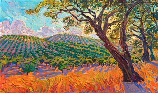 Loose strokes of impressionist color capture the beauty of California's wine country. This Paso Robles painting depicts rolling hills covered in rows of vines changing color in the late afternoon light. This piece was created in Hanson's unique <a href="https://www.erinhanson.com/open-impressionism">Open Impressionism</a> style.

"Vineyard Afternoon" is an original oil painting created on stretched canvas. The piece arrives framed in a 23kt, burnished gold floater frame, ready to hang.