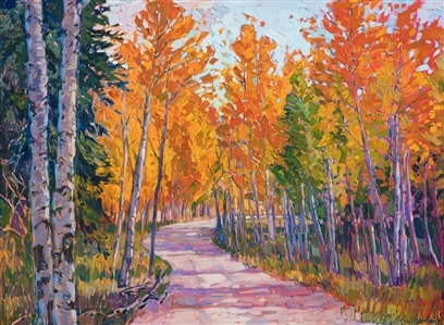 Cedar Breaks National Monument is home to some of the most beautiful aspen groves in Utah. The bright orange and yellow coin-shaped leaves sparkle and jingle in the wind, immersing you in sound and color. This painting has loose, thick brush strokes of oil paint, the texture adding a sense of movement to the scenery.

This painting was done on 1-1/2" canvas, with the painting continued around the edges of the canvas, and it has been framed in a custom, gold-leaf floater frame. The painting arrives ready to hang.

This painting was exhibited in <i><a href="https://www.erinhanson.com/Event/ErinHansonAmericanVistas/" target="_blank">Erin Hanson: American Vistas</i></a> at the Nancy Cawdrey Studios and Gallery in Whitefish, Montana, 2019.