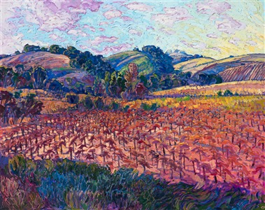 The rich, warm colors of autumn spread across this vineyards scene from central California. The vivid reds and yellow seem to glow upon the canvas. Each brush stroke is loose and impressionistic, bringing a sense of motion and vibrancy to the painting.

This painting has been framed in a custom-made, burnished silver floater frame. The piece was created on gallery-depth canvas, with the painting continued around the edges of the canvas.