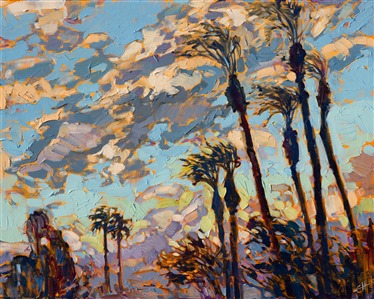 A brilliant blue sky and dramatic clouds form the backdrop to this California desert landscape. The desert has some of the most colorful skies I have ever seen.  With the wind blowing briskly and the air dry and fresh, there is no better place to enjoy the outdoors.

This small impressionistic painting has been framed in a beautiful hand-carved, gilded frame.  It would be a show-stopper in any room.