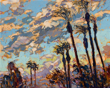 A brilliant blue sky and dramatic clouds form the backdrop to this California desert landscape. The desert has some of the most colorful skies I have ever seen.  With the wind blowing briskly and the air dry and fresh, there is no better place to enjoy the outdoors.

This small impressionistic painting has been framed in a beautiful hand-carved, gilded frame.  It would be a show-stopper in any room.