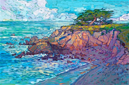 The soft light of dawn illuminates the coastline of Monterey's peninsula. The purple and orange rocks glow with color as the cool shadows of pre-dawn melt away. Thick brush strokes capture the fleeting impression of light.

"Cypress Coast" was created on 1-1/2" stretched linen. The oil painting arrives framed in a contemporary gold floater frame.
