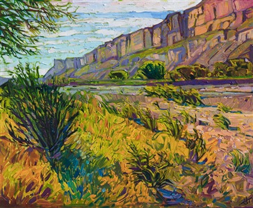 Big Bend National Park is most beautiful in the spring, when the reddish landscape becomes tinged with apple greens and golden yellows. This painting captures this scintillating color with loose, expressive brush strokes and thickly applied paint.

This painting will be on display at the Museum of the Big Bend, during the solo exhibition <i><a href="https://www.erinhanson.com/Event/MuseumoftheBigBend" target="_blank">Erin Hanson: Impressions of Big Bend Country.</a></i> This painting will be ready to ship after January 10th, 2019. <a href="https://www.erinhanson.com/Portfolio?col=Big_Bend_Museum_Show_2018">Click here</a> to view the collection.

This painting has been framed in a custom-made gold frame. The painting arrives ready to hang.