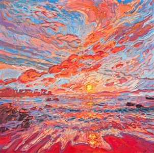 Created with a limited palette to accentuate the colors of sunset, this painting of the Monterey peninsula combines the pigments of cadmium red and phthalo blue to create a delicate dance of color across the canvas. Thick brush strokes add a sense of movement and rhythm, keeping the eye moving through the painting.

"Color Reflections" is an original oil painting on stretched canvas, framed in a gold floating frame.