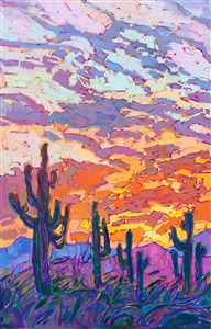 Southwest colors of desert sunset saturate the canvas in hues of orange, rust, and magenta. The brush strokes in this sunset painting are thick and impressionistic, alive with color and texture.